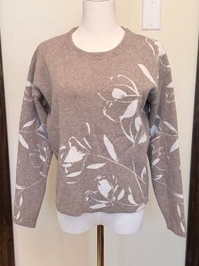 Joie Taupe and White Floral Crewneck Sweater